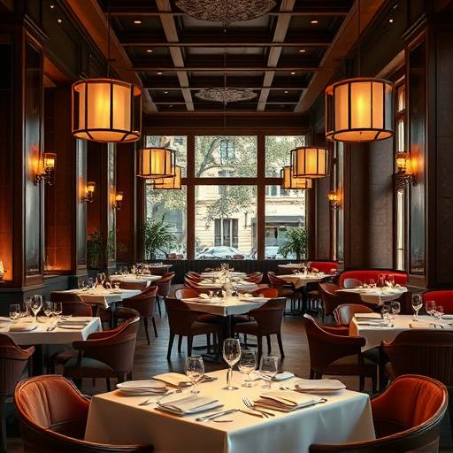 Elegant interior of The Gilded Spoon, showing tables set for dinner service.